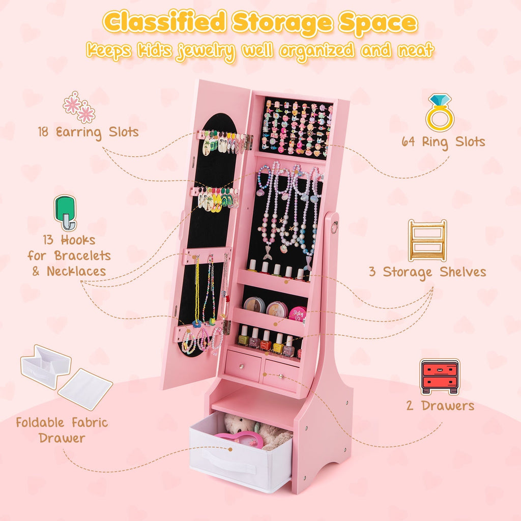 Freestanding Kids Jewelry Armoire Cabinet with Storage and 2 Tilt Angles