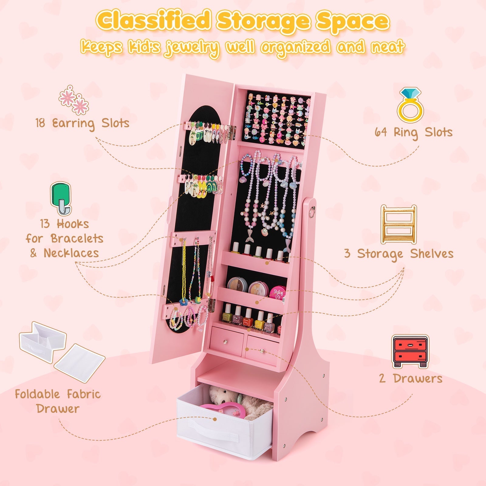 Freestanding Kids Jewelry Armoire Cabinet with Storage and 2 Tilt Angles