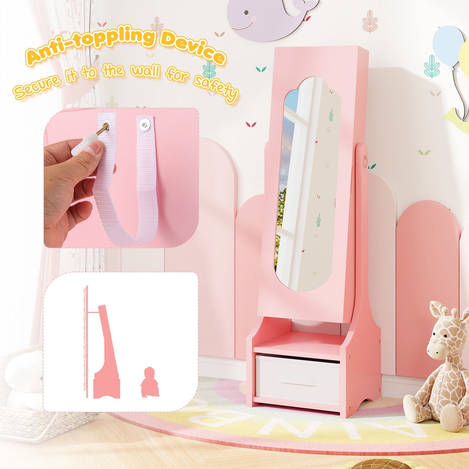 Freestanding Kids Jewelry Armoire Cabinet with Storage and 2 Tilt Angles