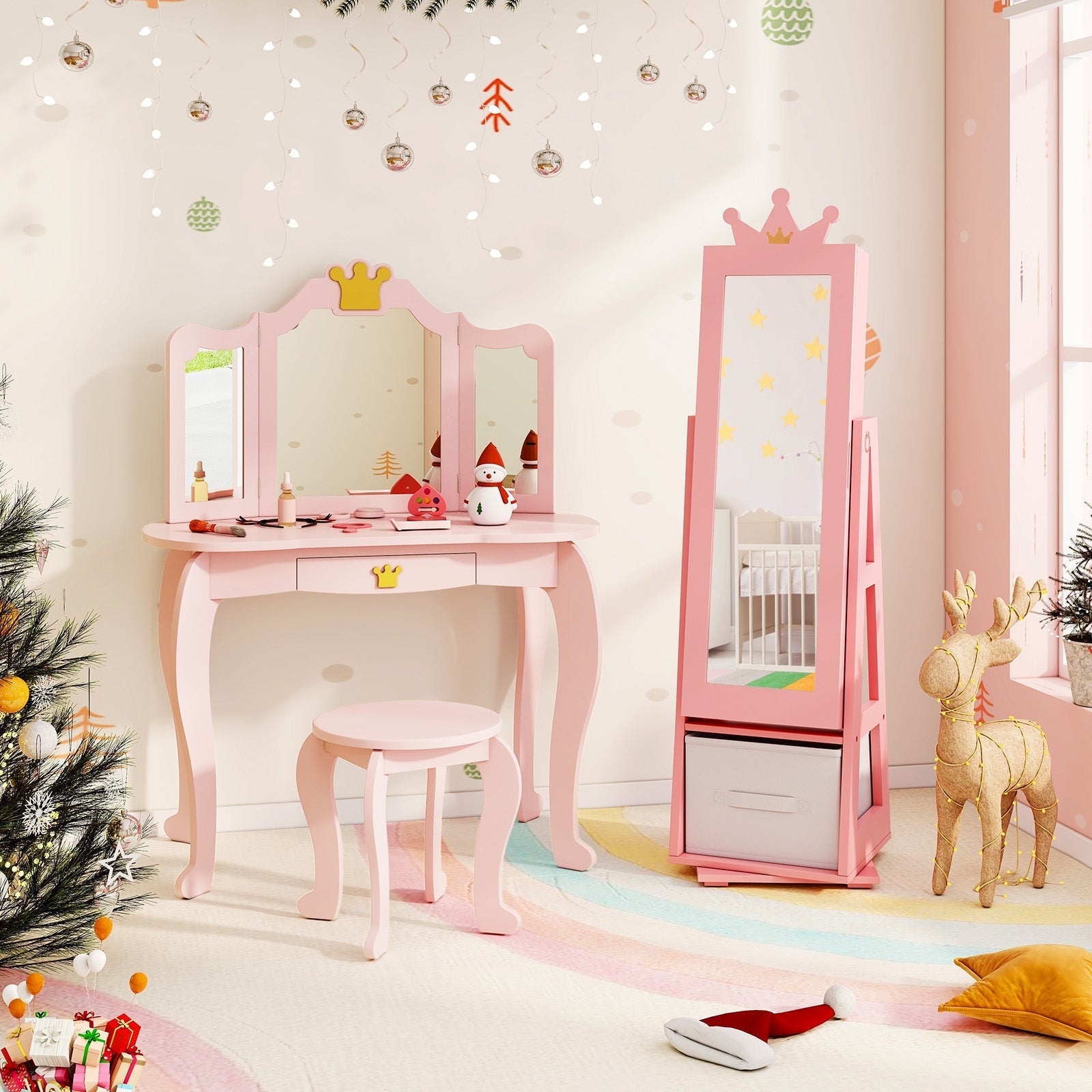 Kids Jewelry Armoire Cabinet with Large Storage Capacity and Swivel Base