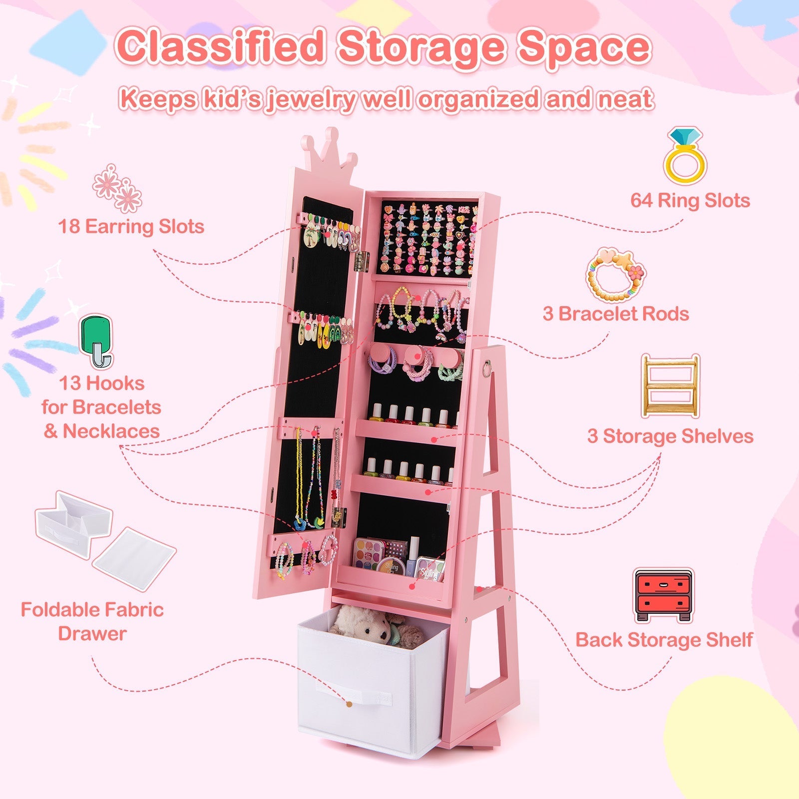Kids Jewelry Armoire Cabinet with Large Storage Capacity and Swivel Base