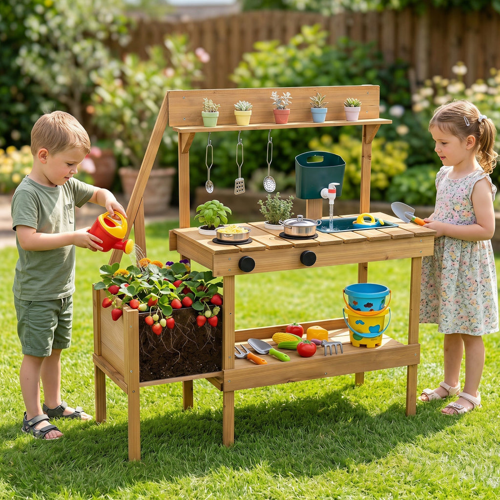 Wooden Mud Kitchen with Planter Box for Kids