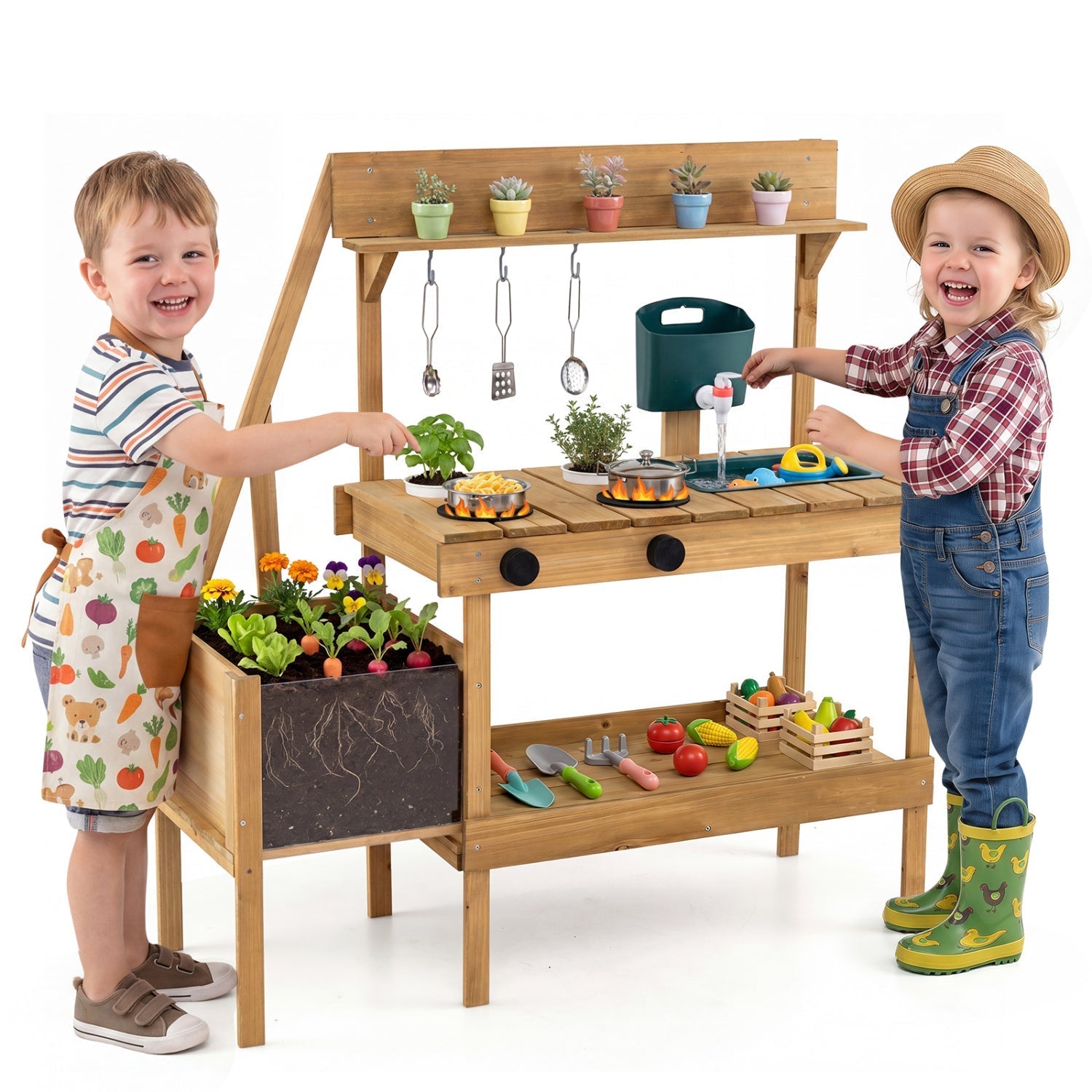 Wooden Mud Kitchen with Planter Box for Kids