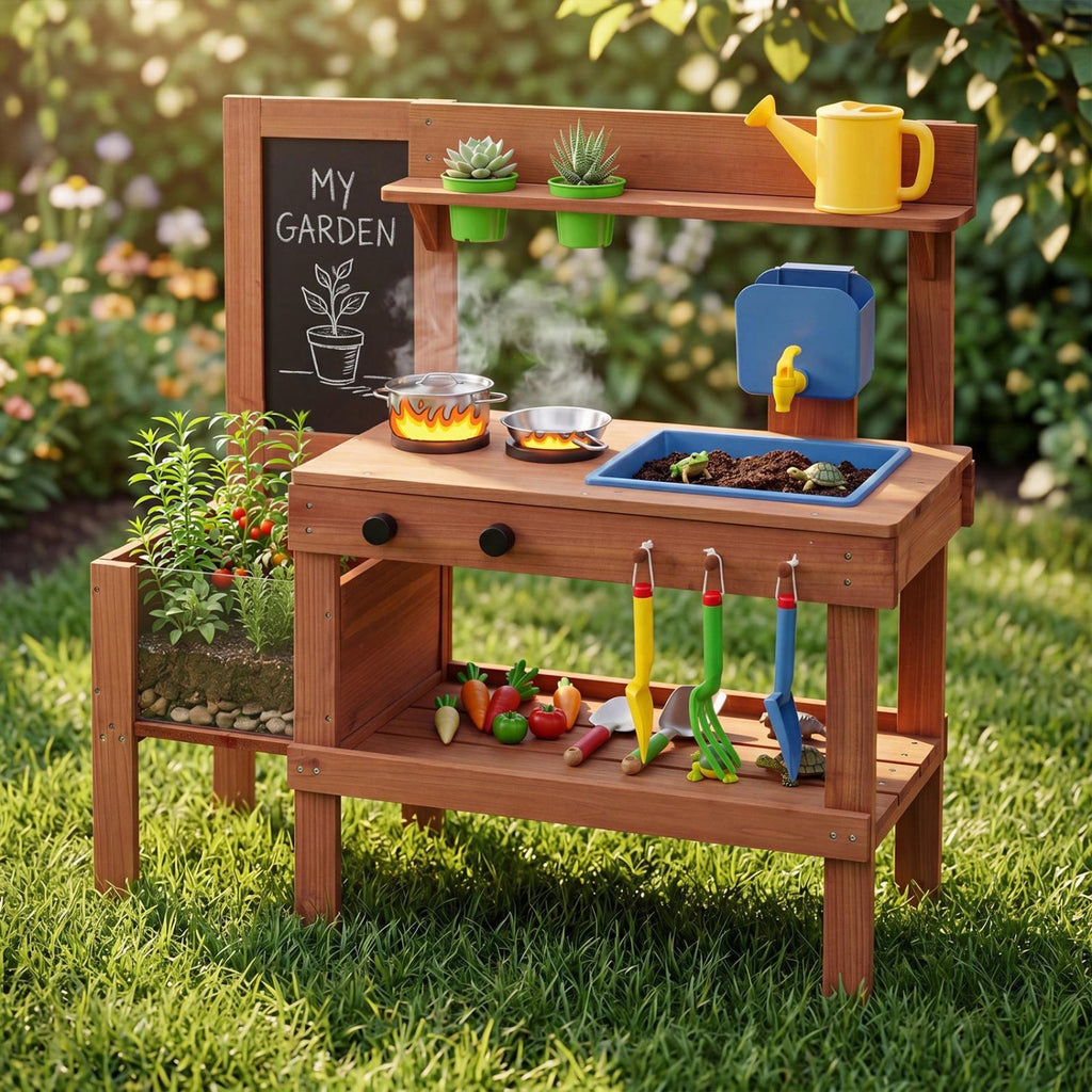 Kids Mud Kitchen with Planter Box and 13 Accessories