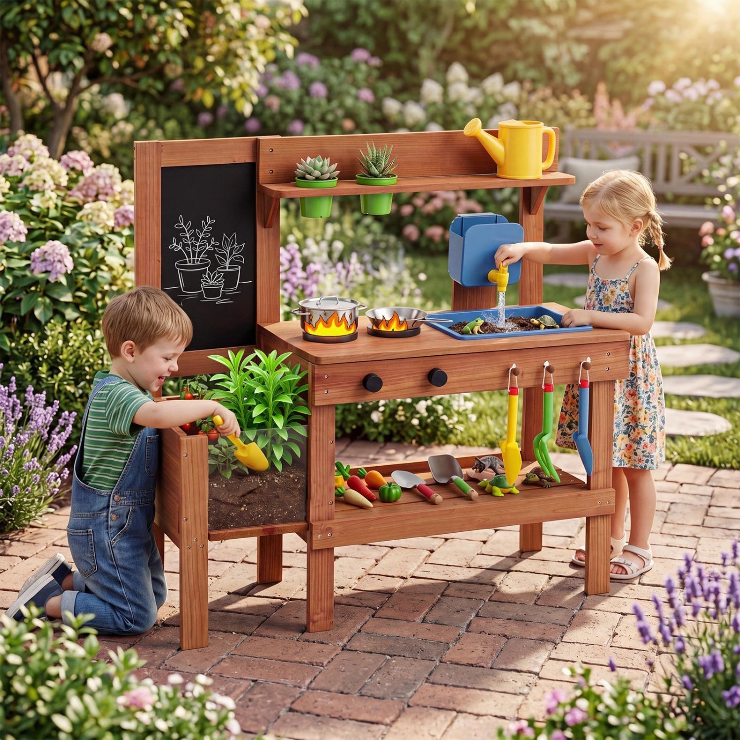 Kids Mud Kitchen with Planter Box and 13 Accessories