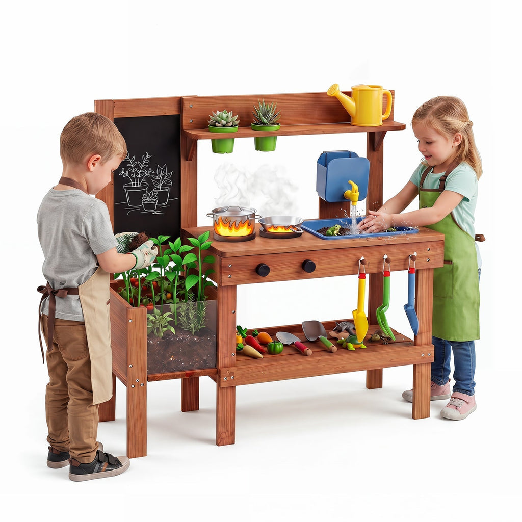 Kids Mud Kitchen with Planter Box and 13 Accessories