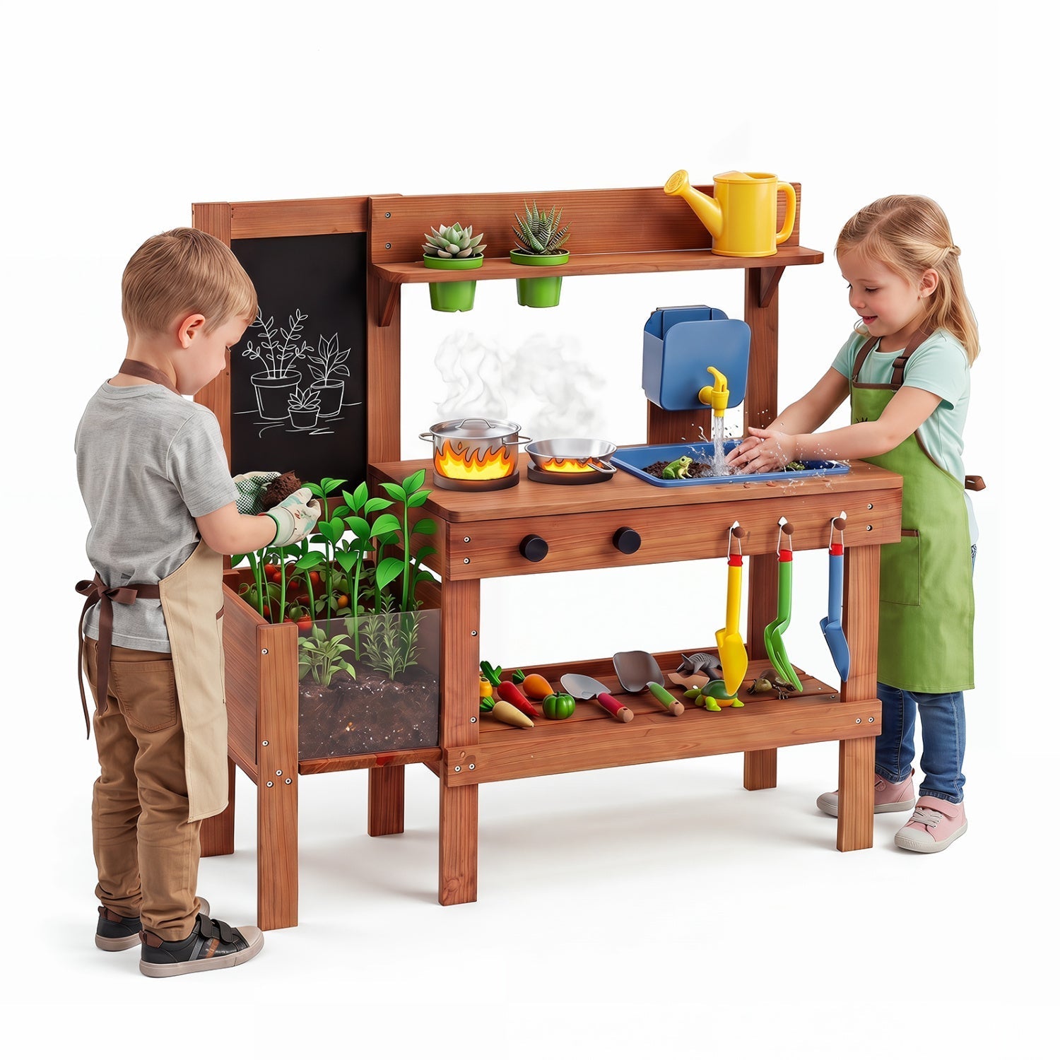 Kids Mud Kitchen with Planter Box and 13 Accessories