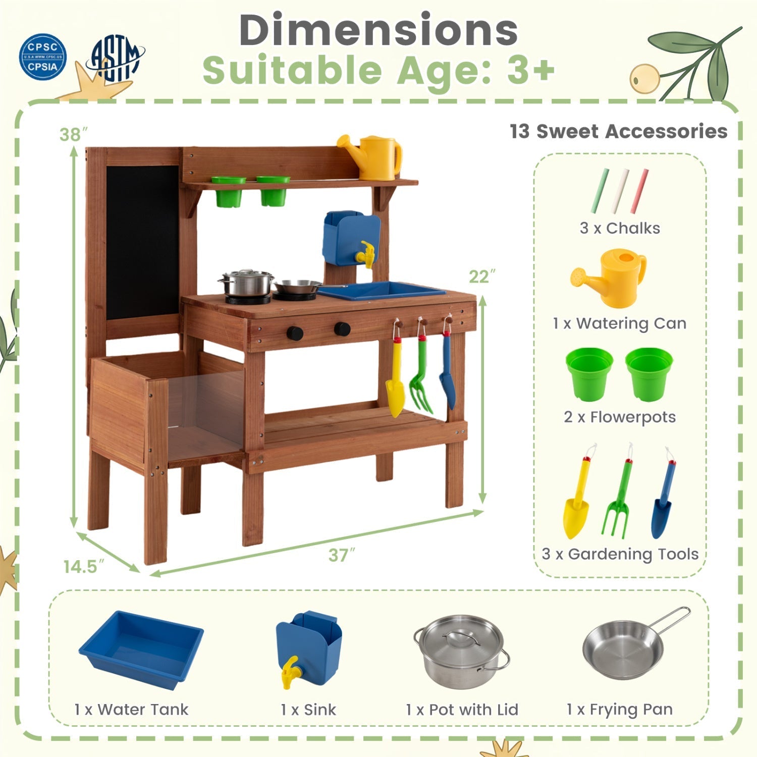 Kids Mud Kitchen with Planter Box and 13 Accessories