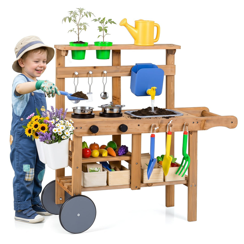 Kids Mud Kitchen with Water Tank, Sink & 15 Accessories