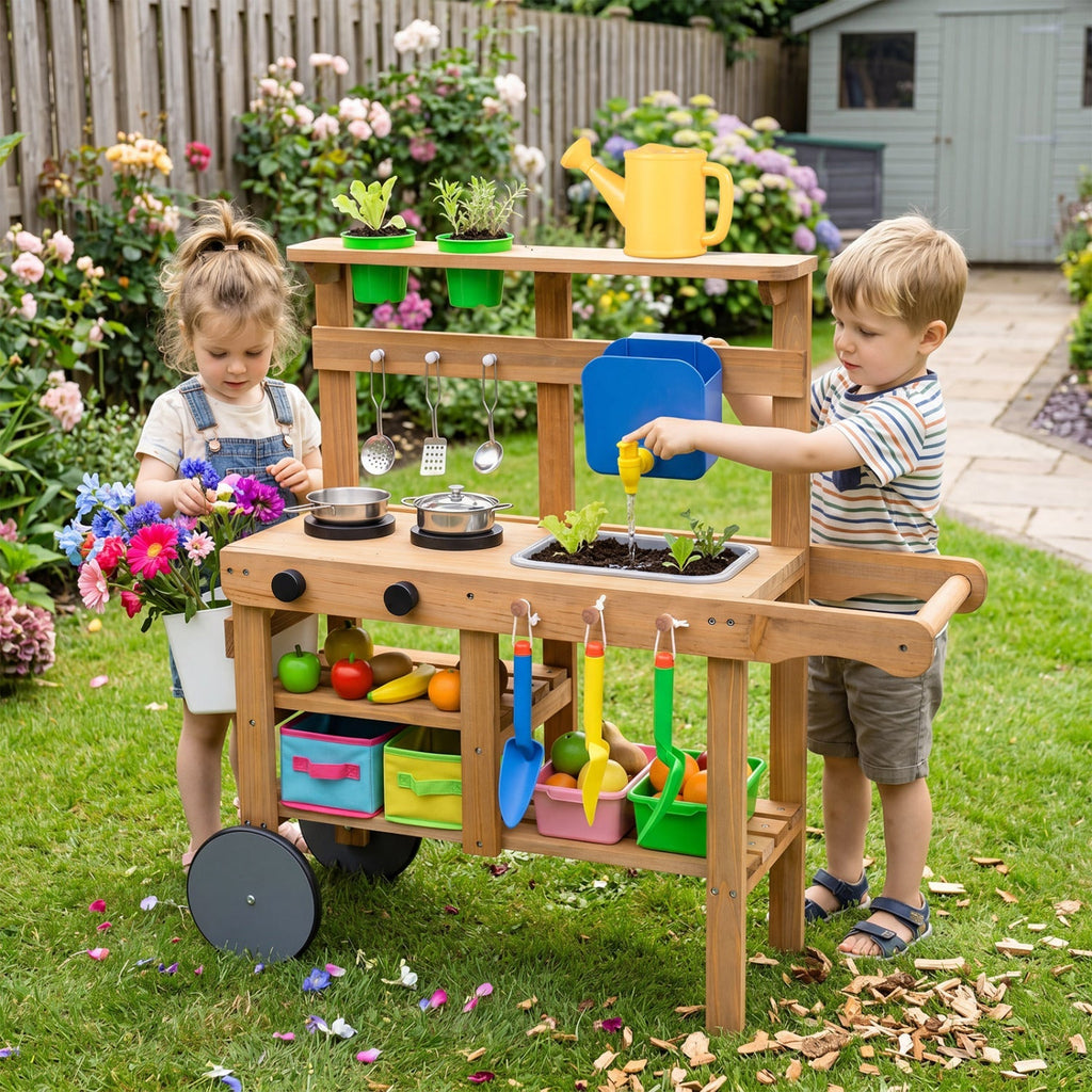 Kids Mud Kitchen with Water Tank, Sink & 15 Accessories