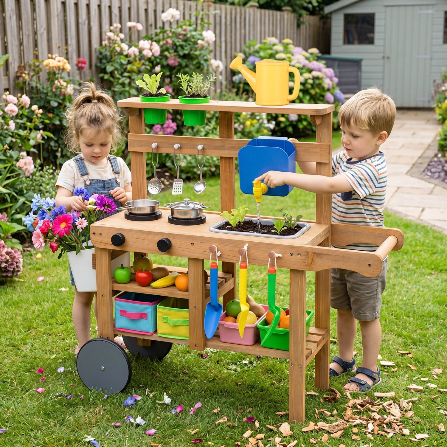 Kids Mud Kitchen with Water Tank, Sink & 15 Accessories