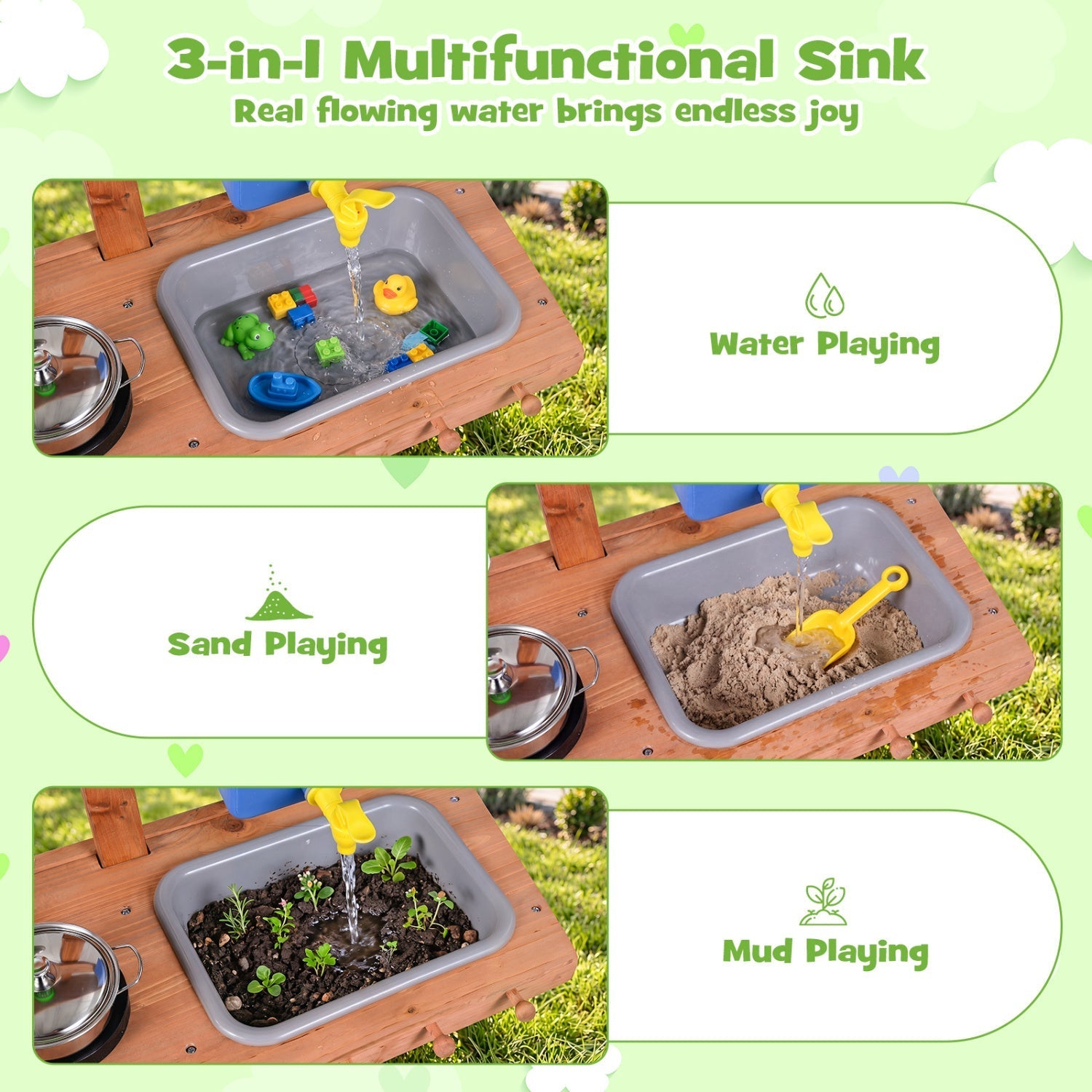 Kids Mud Kitchen with Water Tank, Sink & 15 Accessories