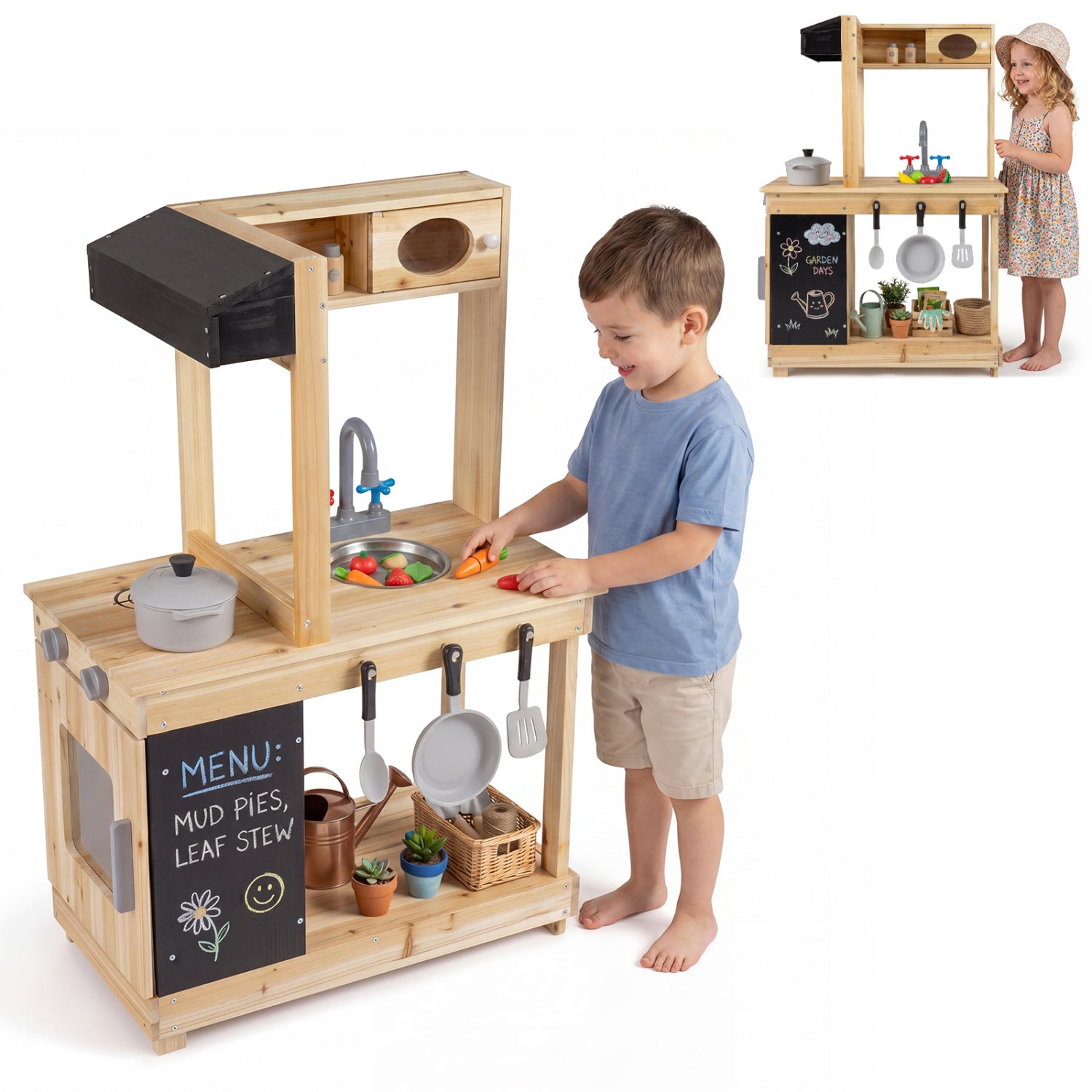 Wooden Mud Kitchen Playset with Stove and Chalkboard