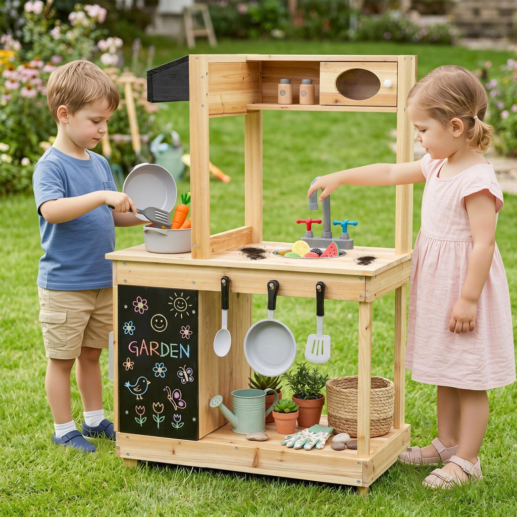 Wooden Mud Kitchen Playset with Stove and Chalkboard