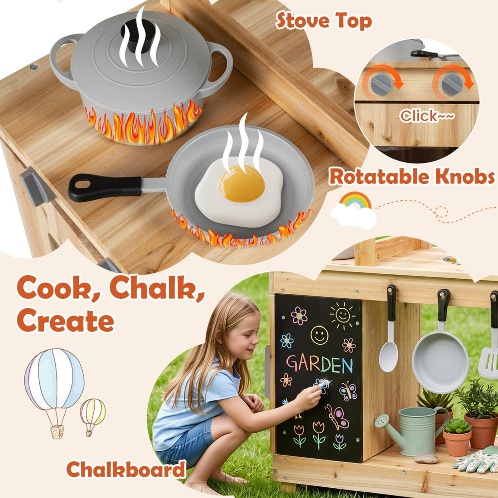 Wooden Mud Kitchen Playset with Stove and Chalkboard