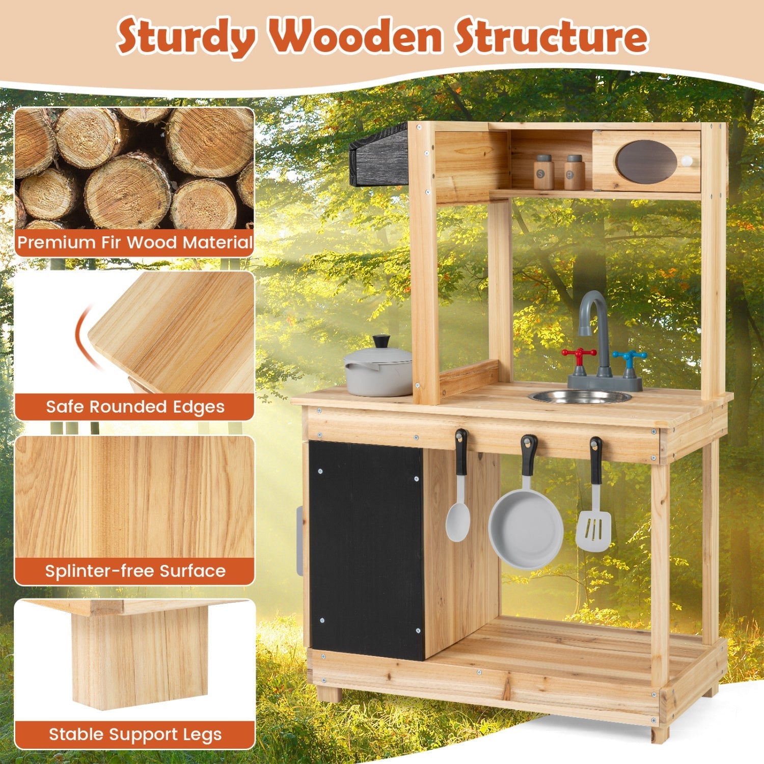Wooden Mud Kitchen Playset with Stove and Chalkboard