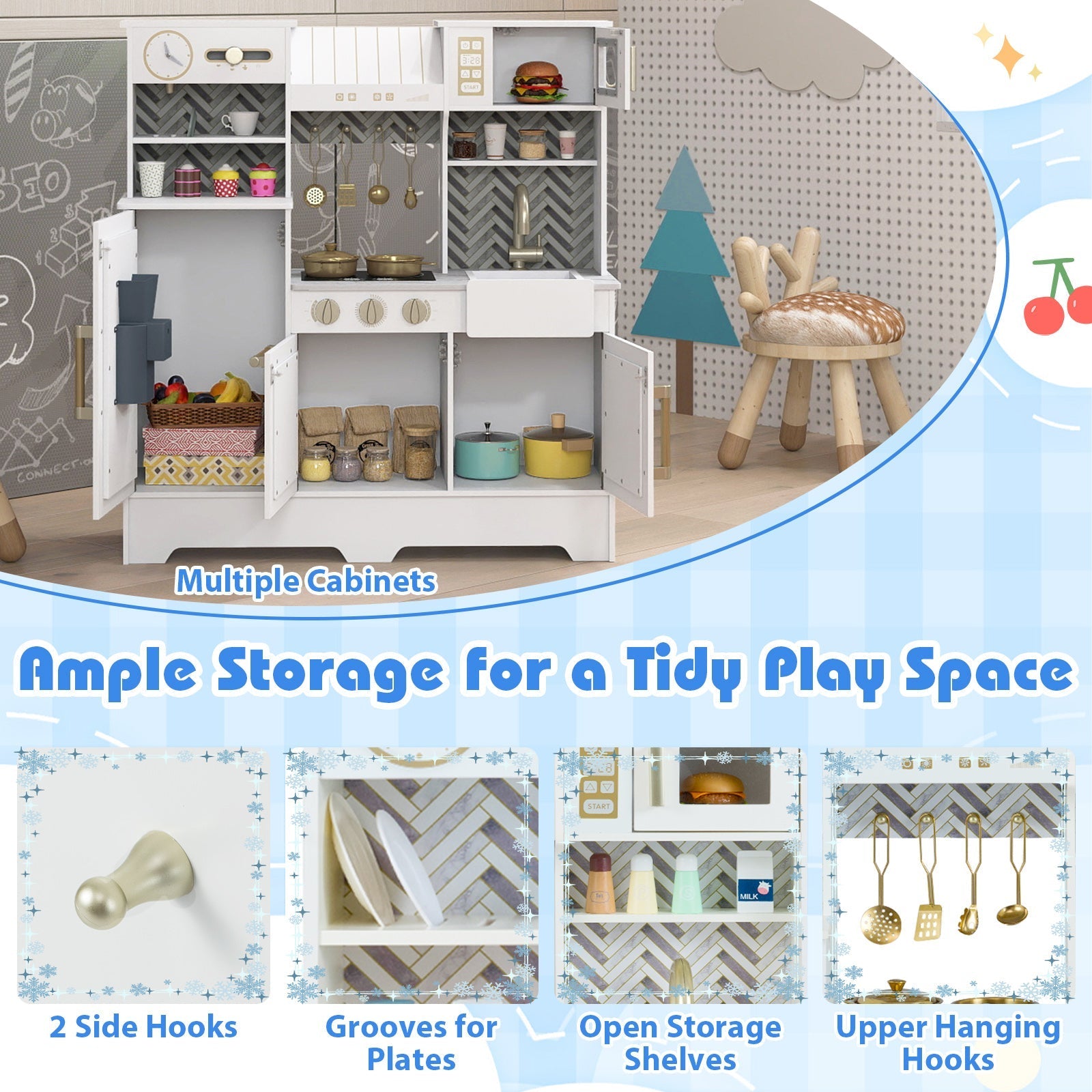 Kids Play Kitchen with Stoves and Faucet for Girls Boys Aged 3-6