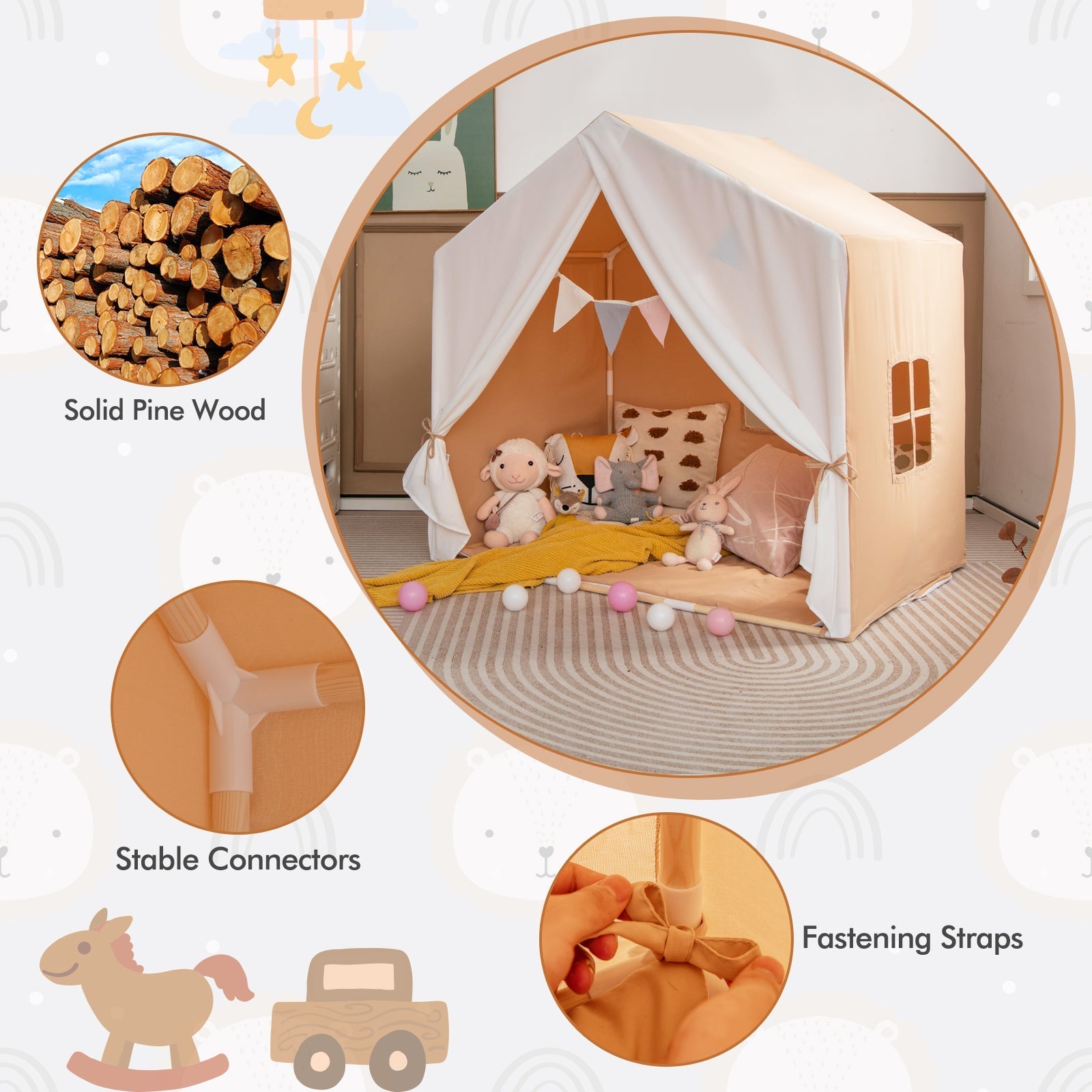 Kid's Play Tent with Washable Cotton Mat and Flag Banner