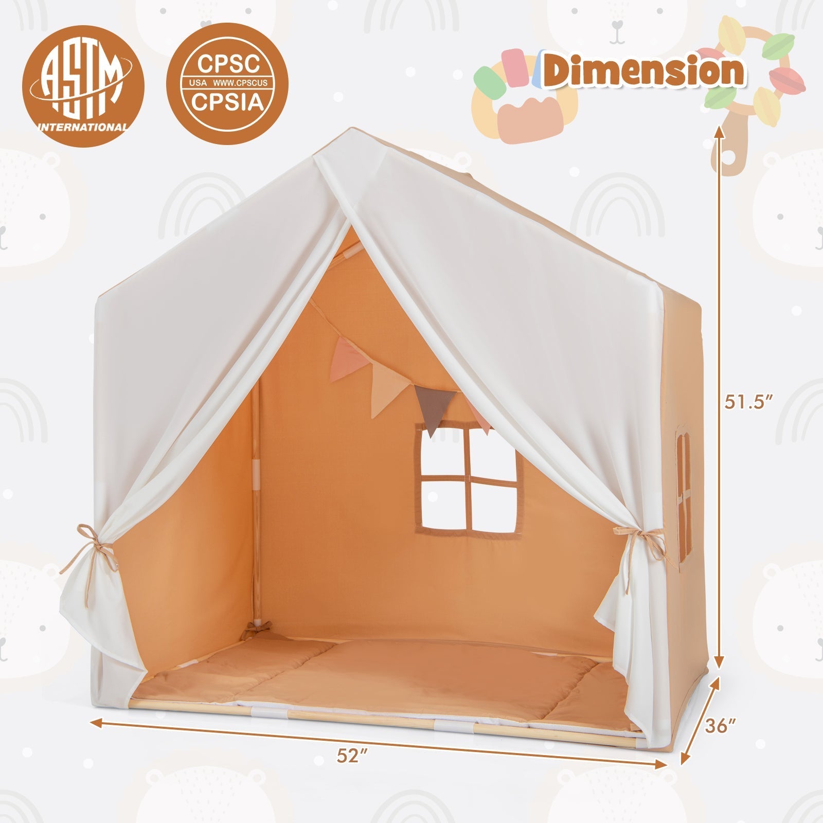 Kid's Play Tent with Washable Cotton Mat and Flag Banner