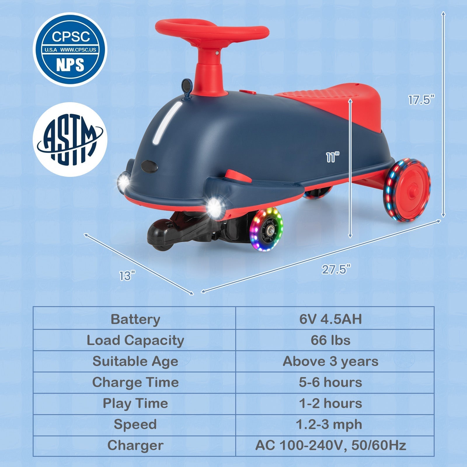6V Kids Ride On Drifting Wiggle Car 2 in 1 with Music and Pedal and Dolphin-like Design-Blue
