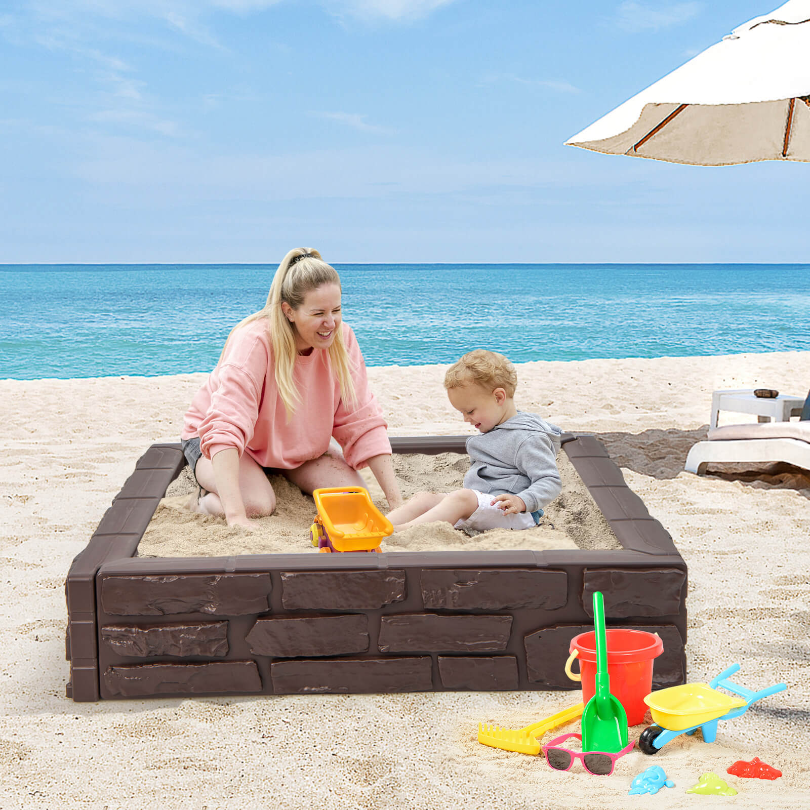 2-In-1 HDPE Kids Sandbox with Cover and Bottom Liner