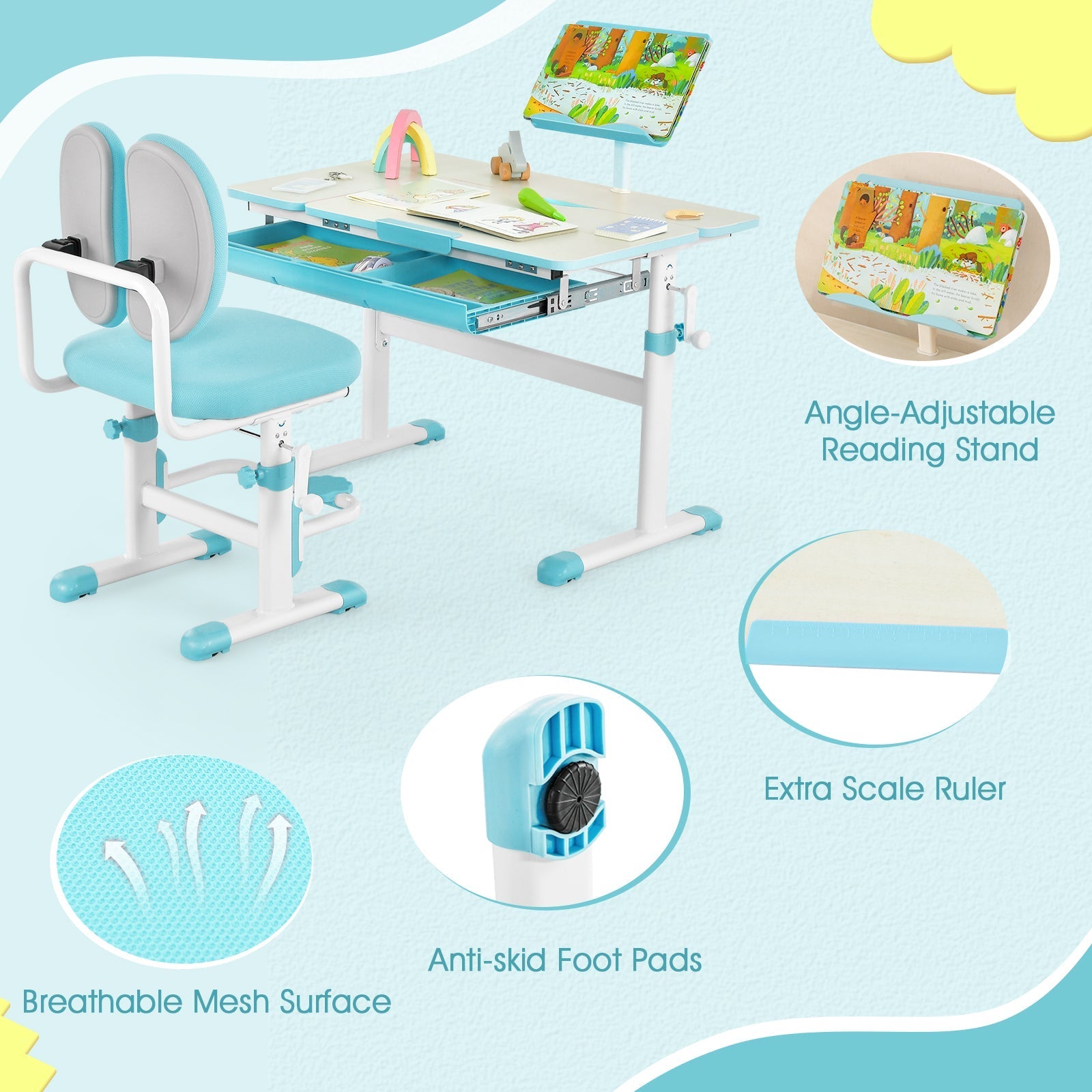 Height-Adjustable Kid's Study Desk and Chair Set