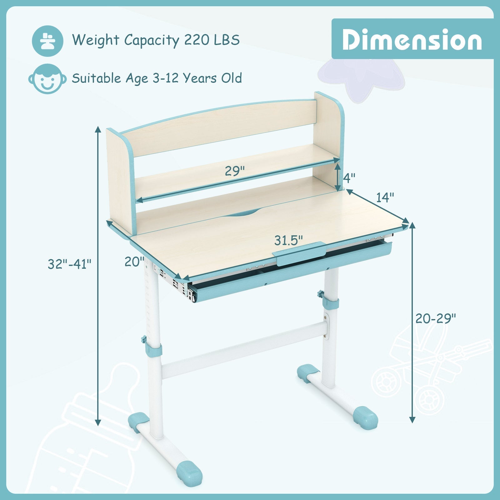 Height Adjustable Kids Study Desk with Tilt Desktop