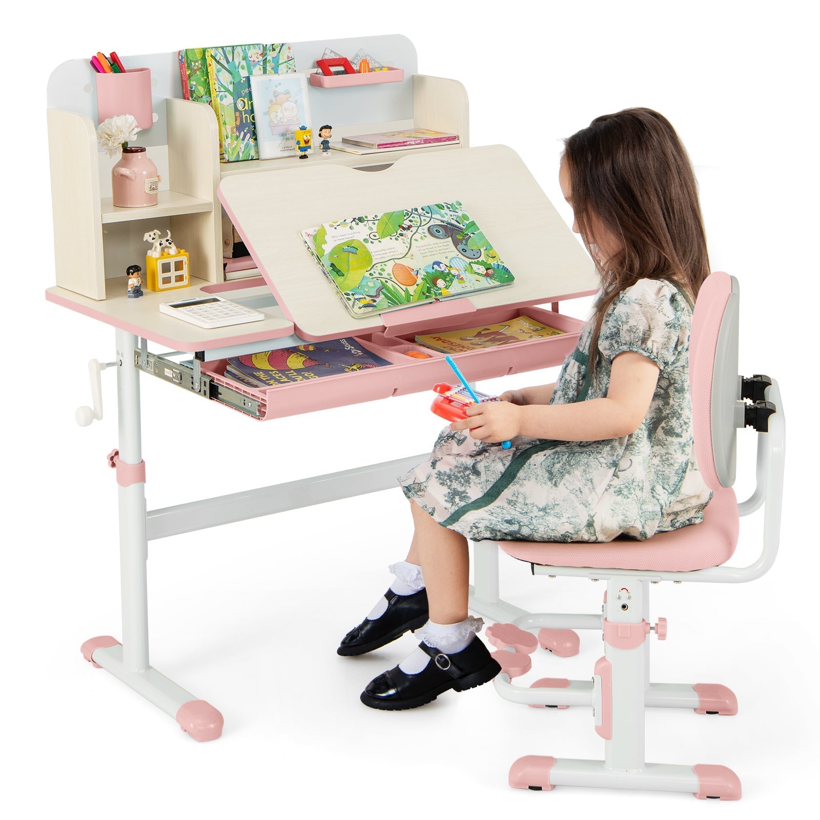 Height Adjustable Children School Home Study Table and Chair Set with Tilted Desktop for 3-12 Years Old
