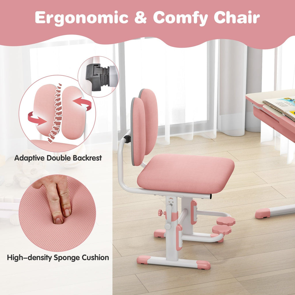 Height Adjustable Children School Home Study Table and Chair Set with Tilted Desktop for 3-12 Years Old