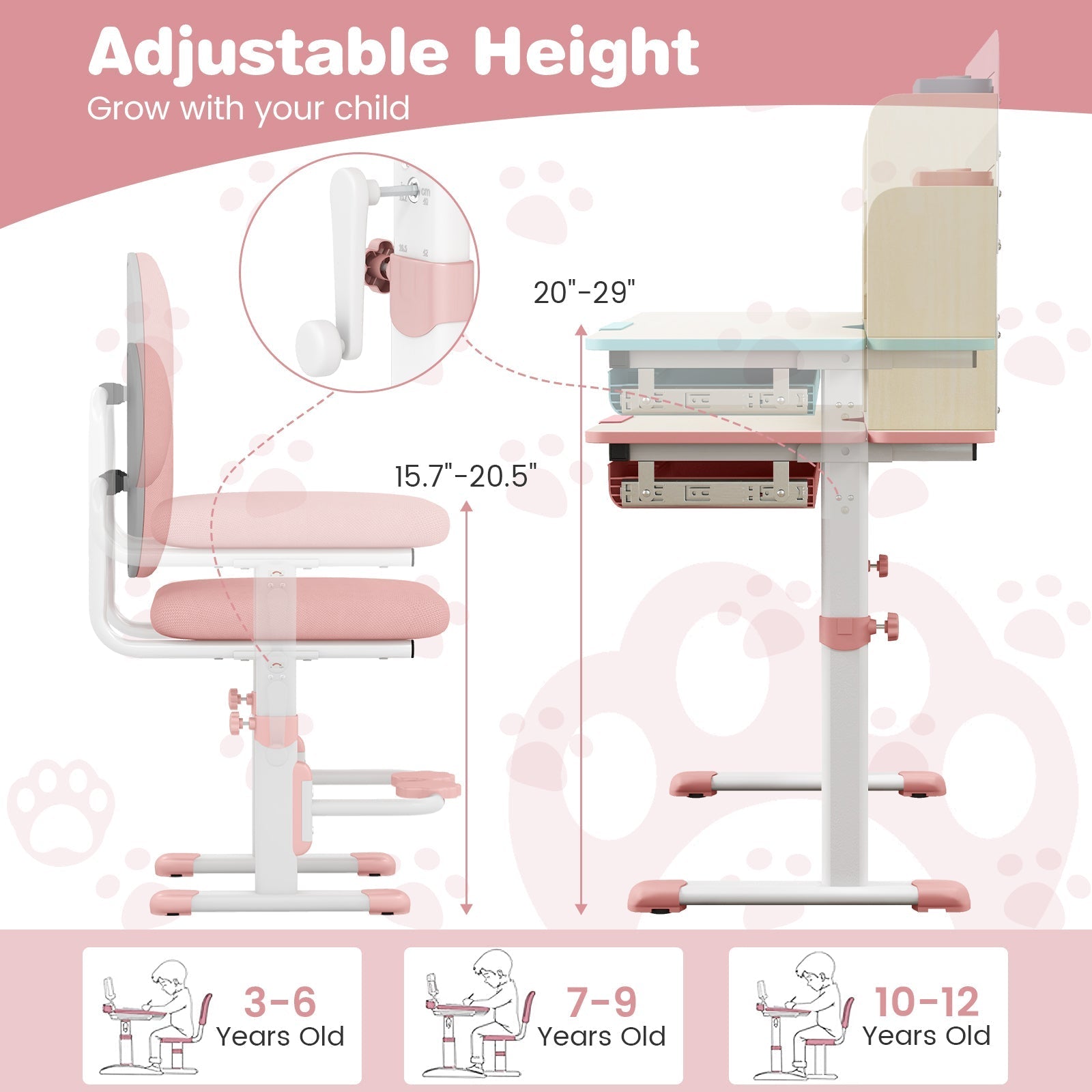 Height Adjustable Children School Home Study Table and Chair Set with Tilted Desktop for 3-12 Years Old