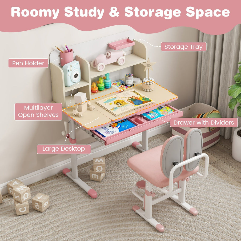 Height Adjustable Children School Home Study Table and Chair Set with Tilted Desktop for 3-12 Years Old
