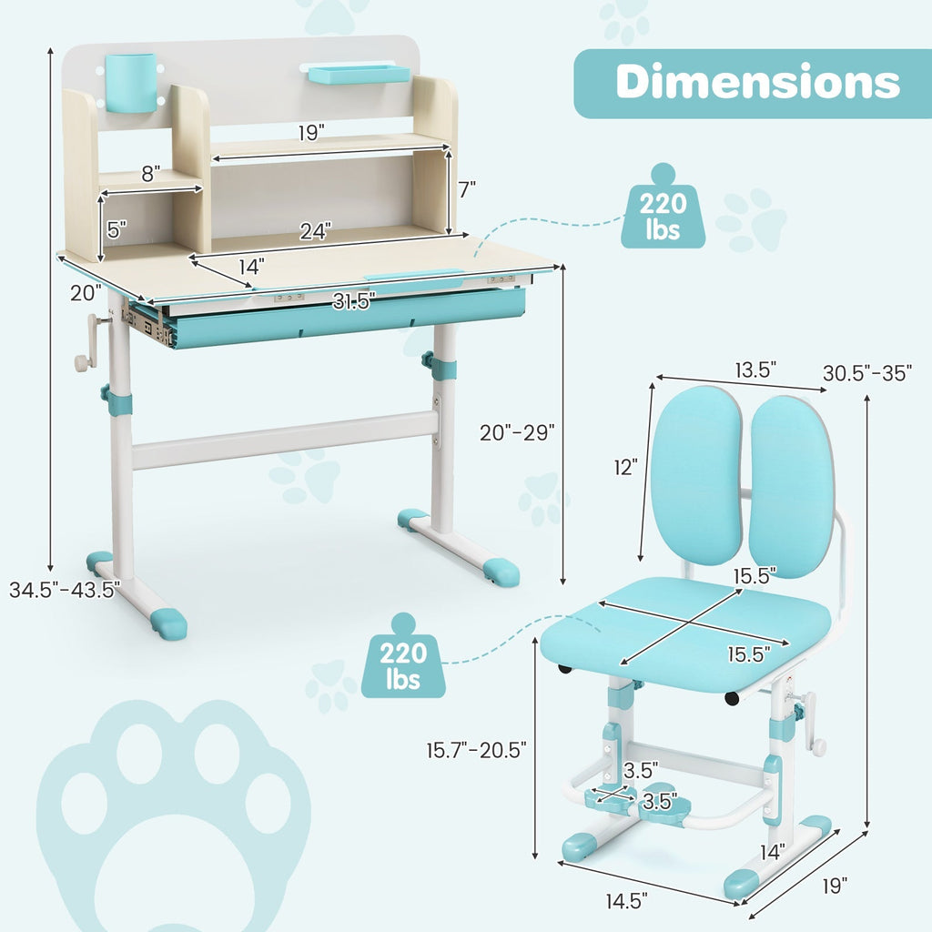 Height Adjustable Children School Home Study Table and Chair Set with Tilted Desktop for 3-12 Years Old
