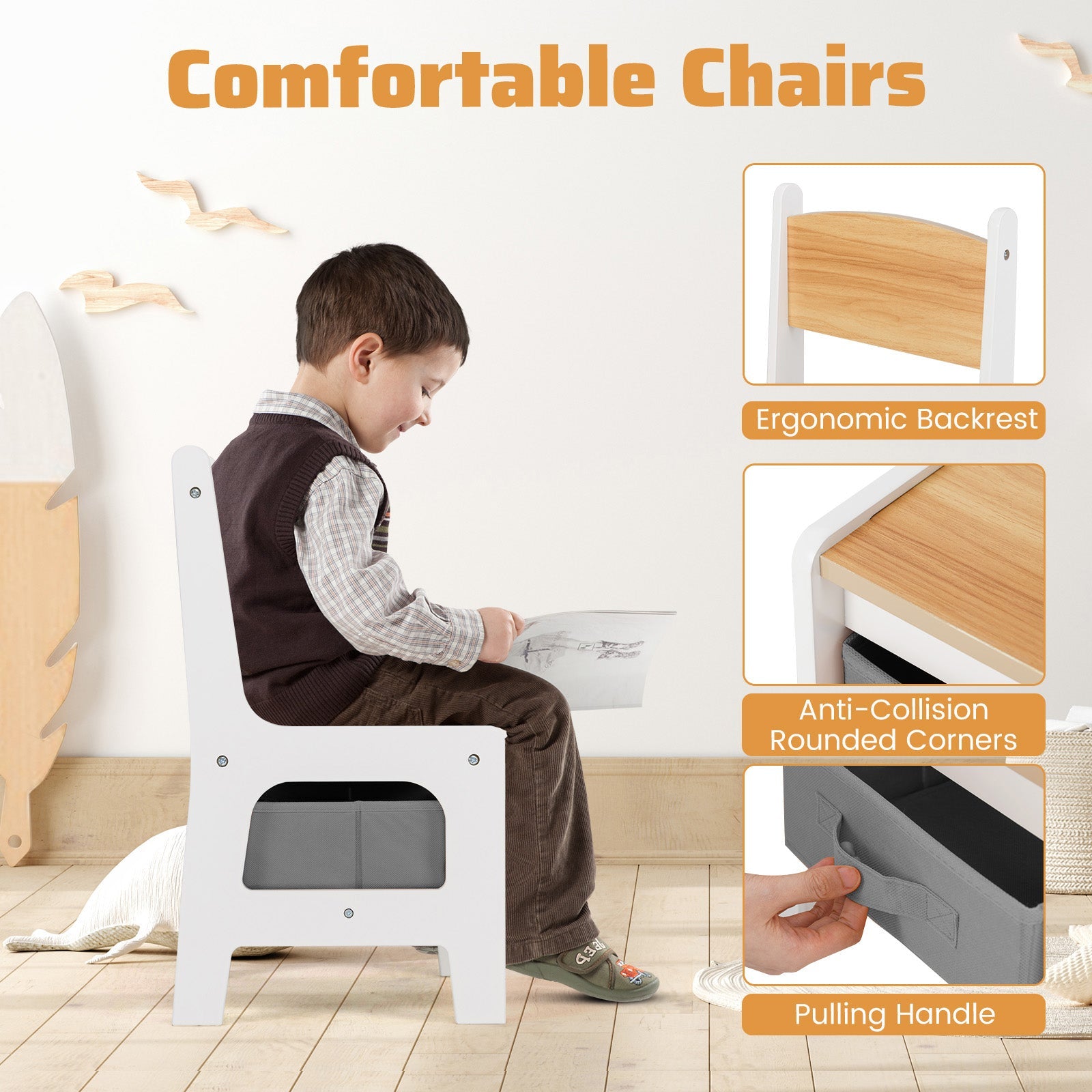 4 in 1 Kids Toddler Activity Table and Chairs Set with Reversible Tabletop-Natural