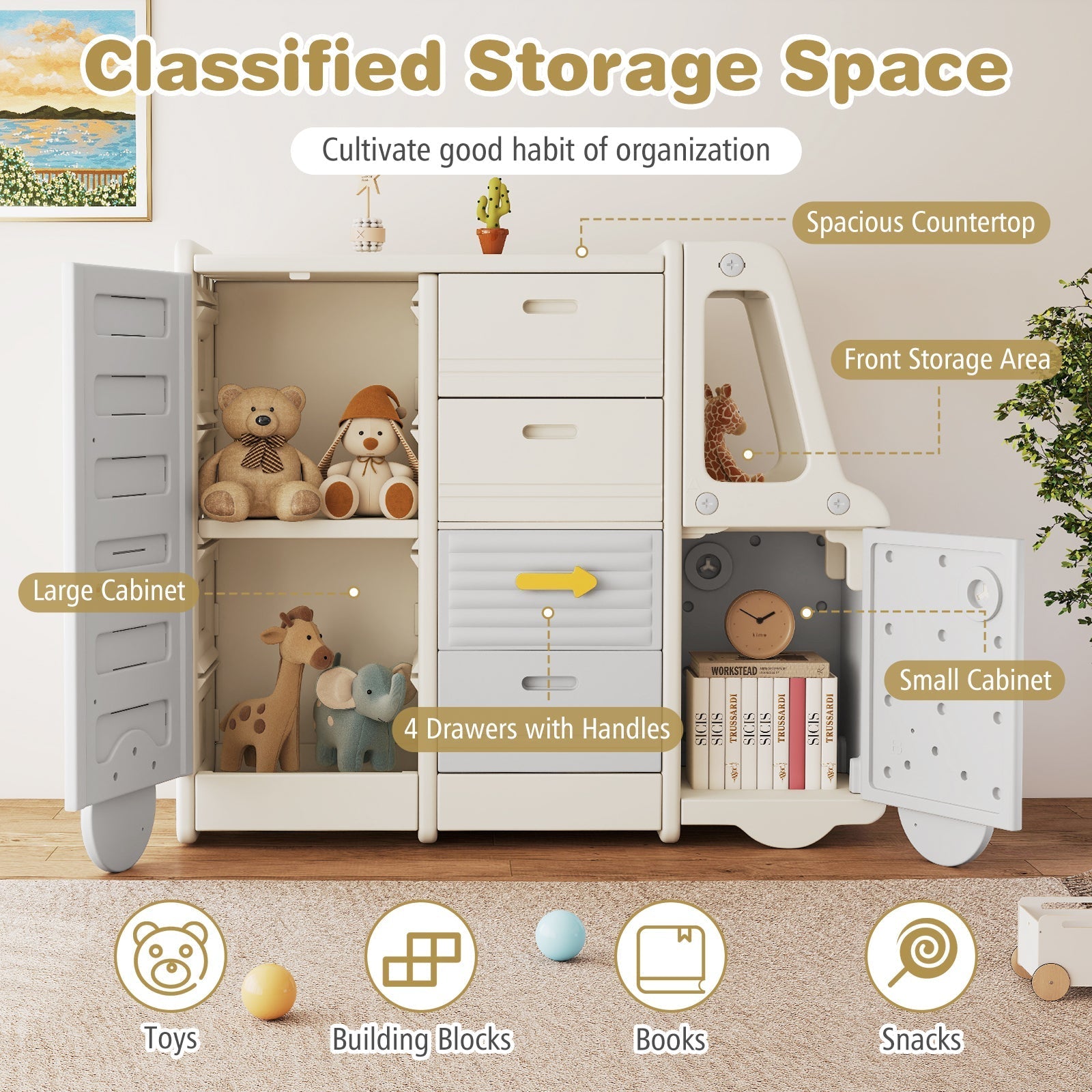 Kids Toy Storage Organizer Bus-shaped Children Cabinet with 4 Pull-out Drawers with Handles-Gray