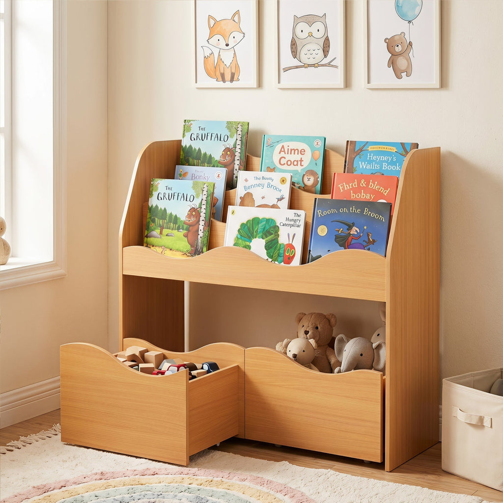 Kids Storage Organizer with Rolling Drawers and Bookshelf