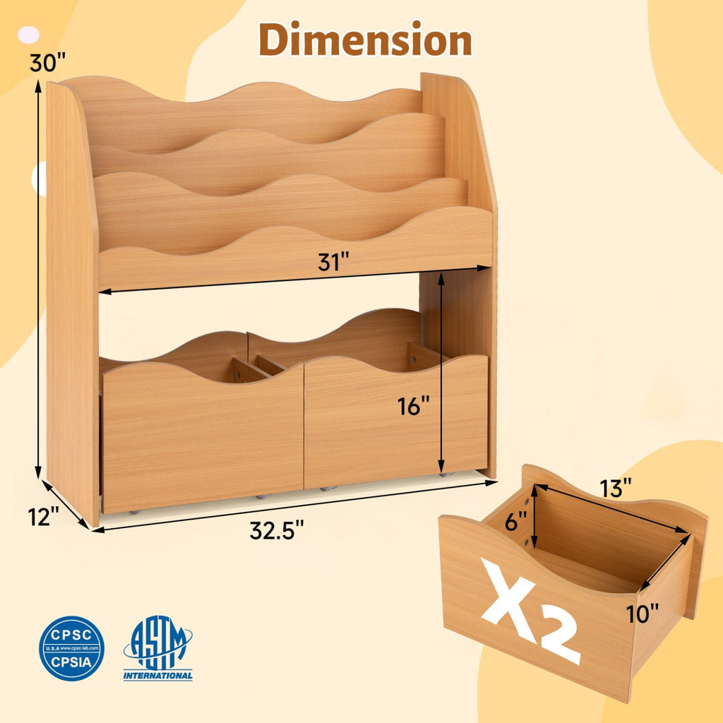 Kids Storage Organizer with Rolling Drawers and Bookshelf