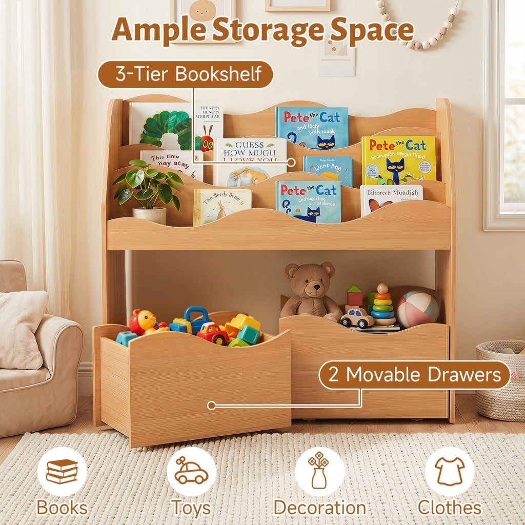 Kids Storage Organizer with Rolling Drawers and Bookshelf