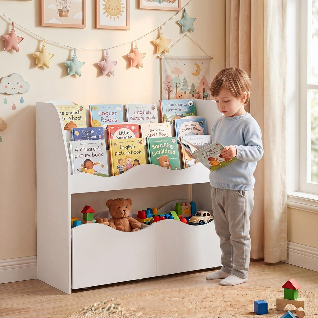 Kids Storage Organizer with Rolling Drawers and Bookshelf