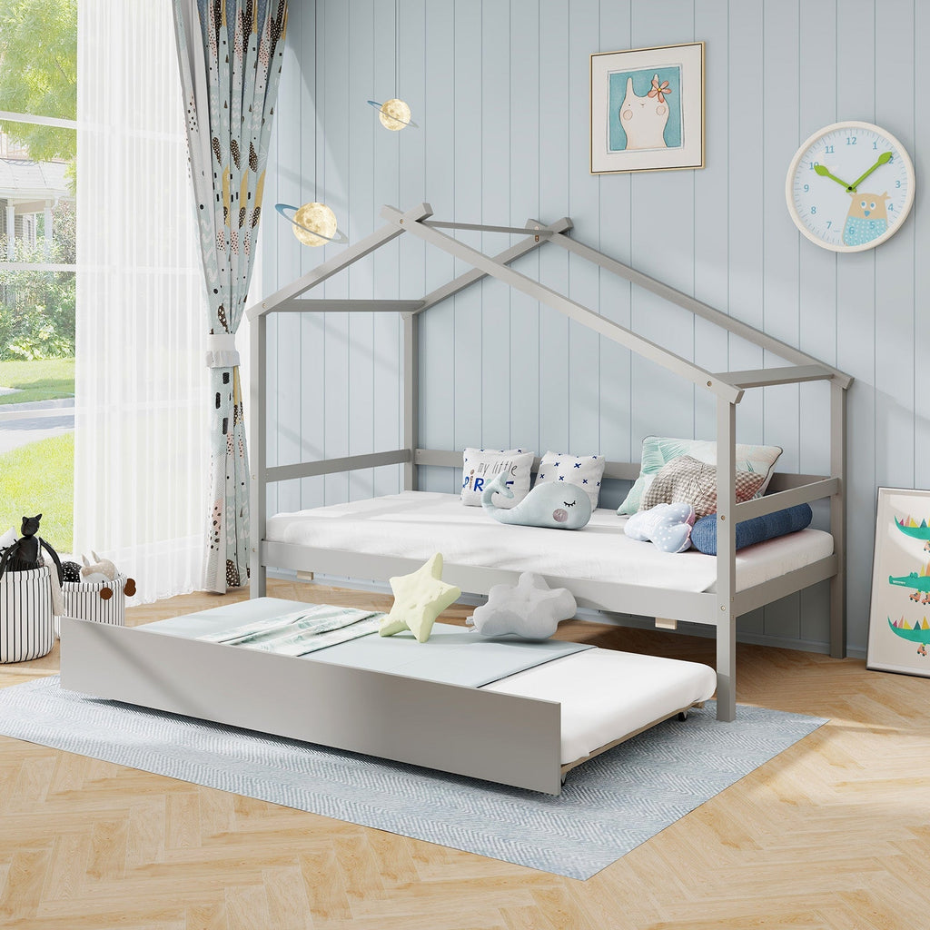 Kids Twin Size House Bed with Trundle and Roof