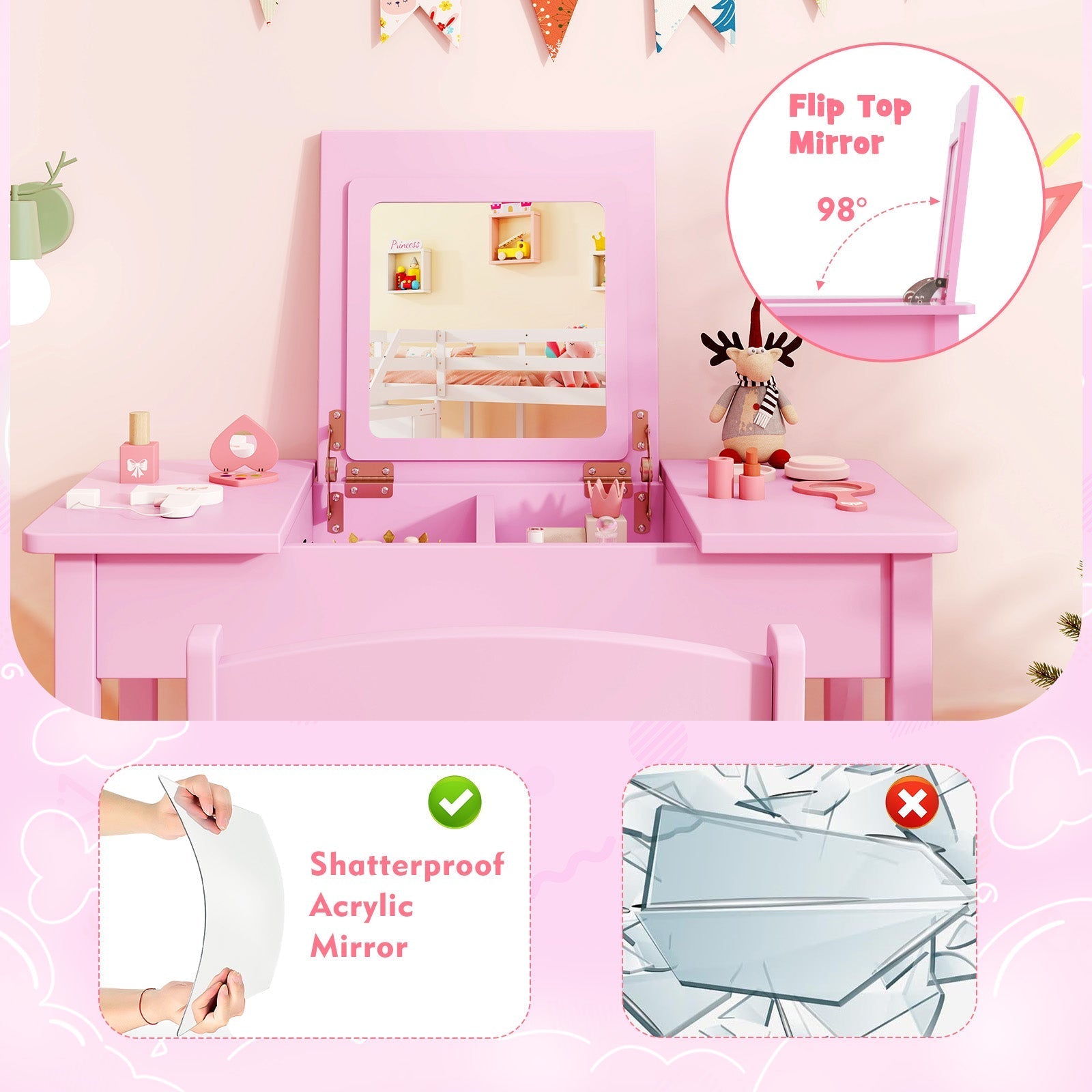 2-in-1 Kids Vanity Makeup Table and Chair Set with Flip Top Mirror