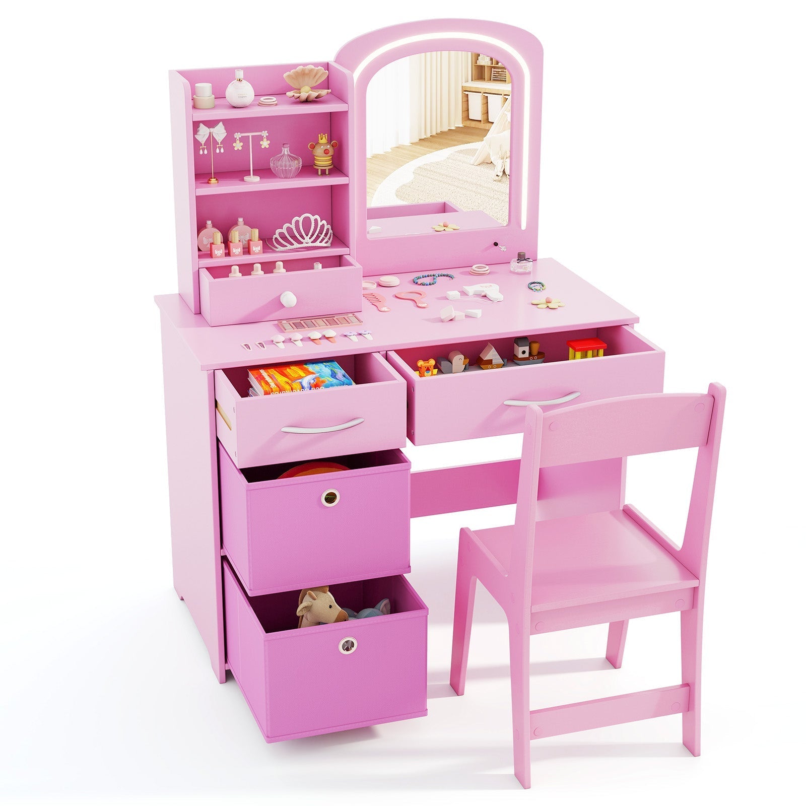 Kids Vanity Set with Lighted Mirror Makeup Desk and Chair Set with Drawers
