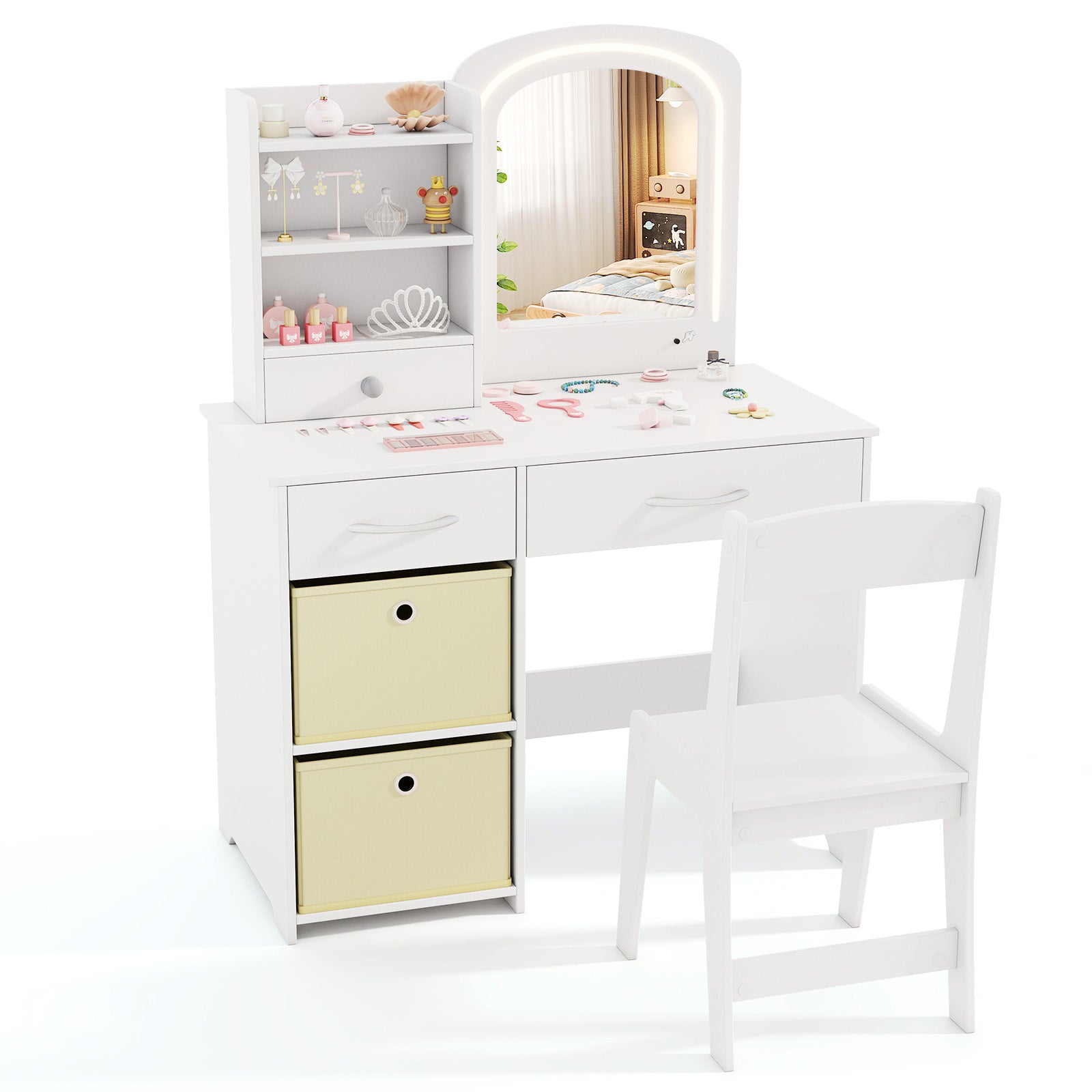 Kids Vanity Set with Lighted Mirror Makeup Desk and Chair Set with Drawers