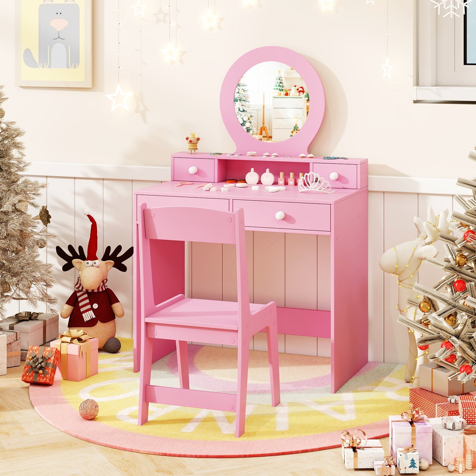 Kids Vanity Set with Mirror Princess Makeup Dressing Desk and Chair Set with Mirror