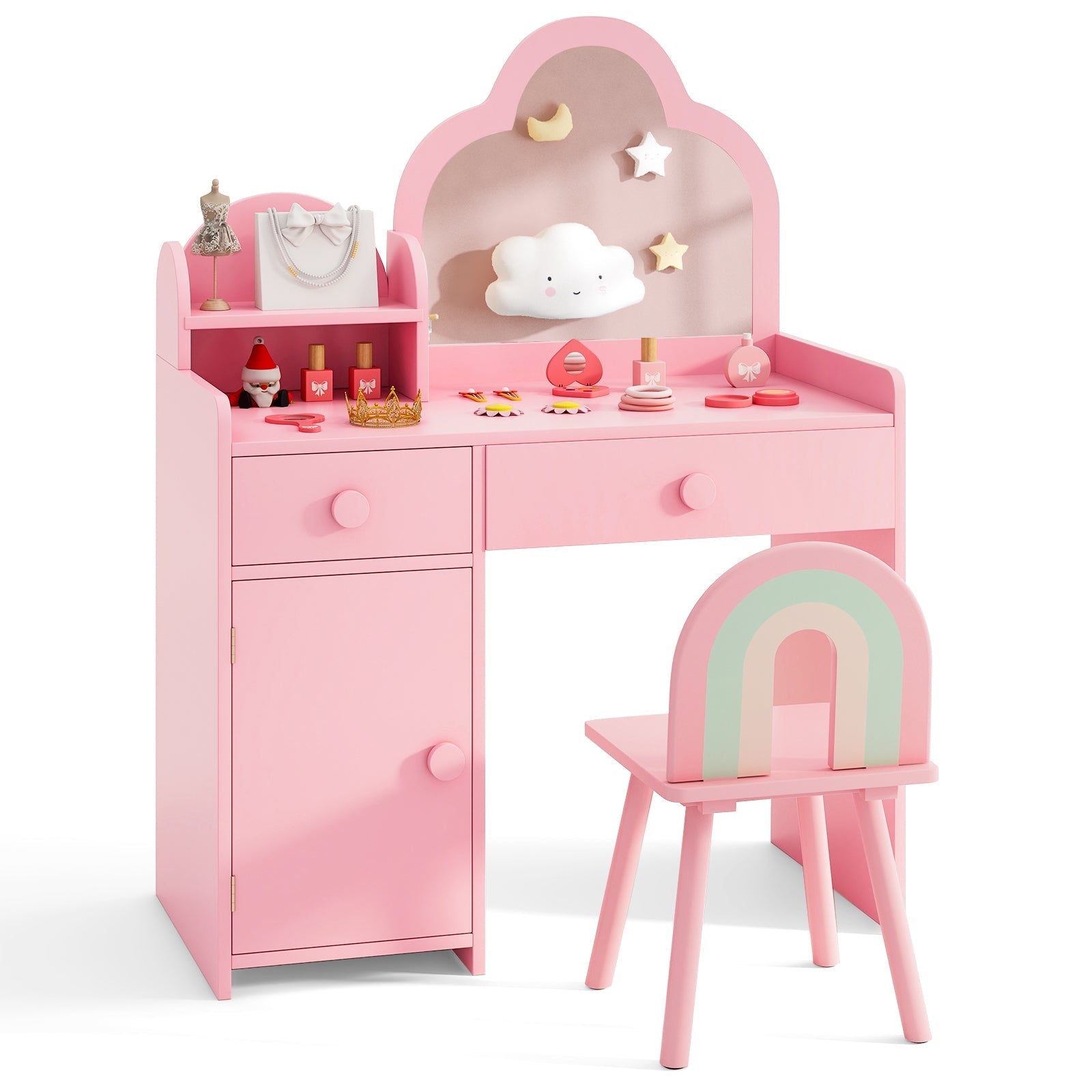 Kids Vanity Table and Chair Set with Cloud-shaped Mirror and Open Shelf