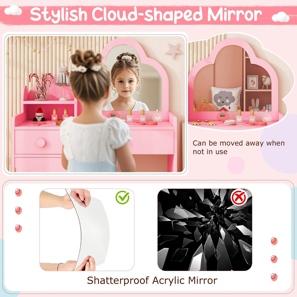 Kids Vanity Table and Chair Set with Cloud-shaped Mirror and Open Shelf