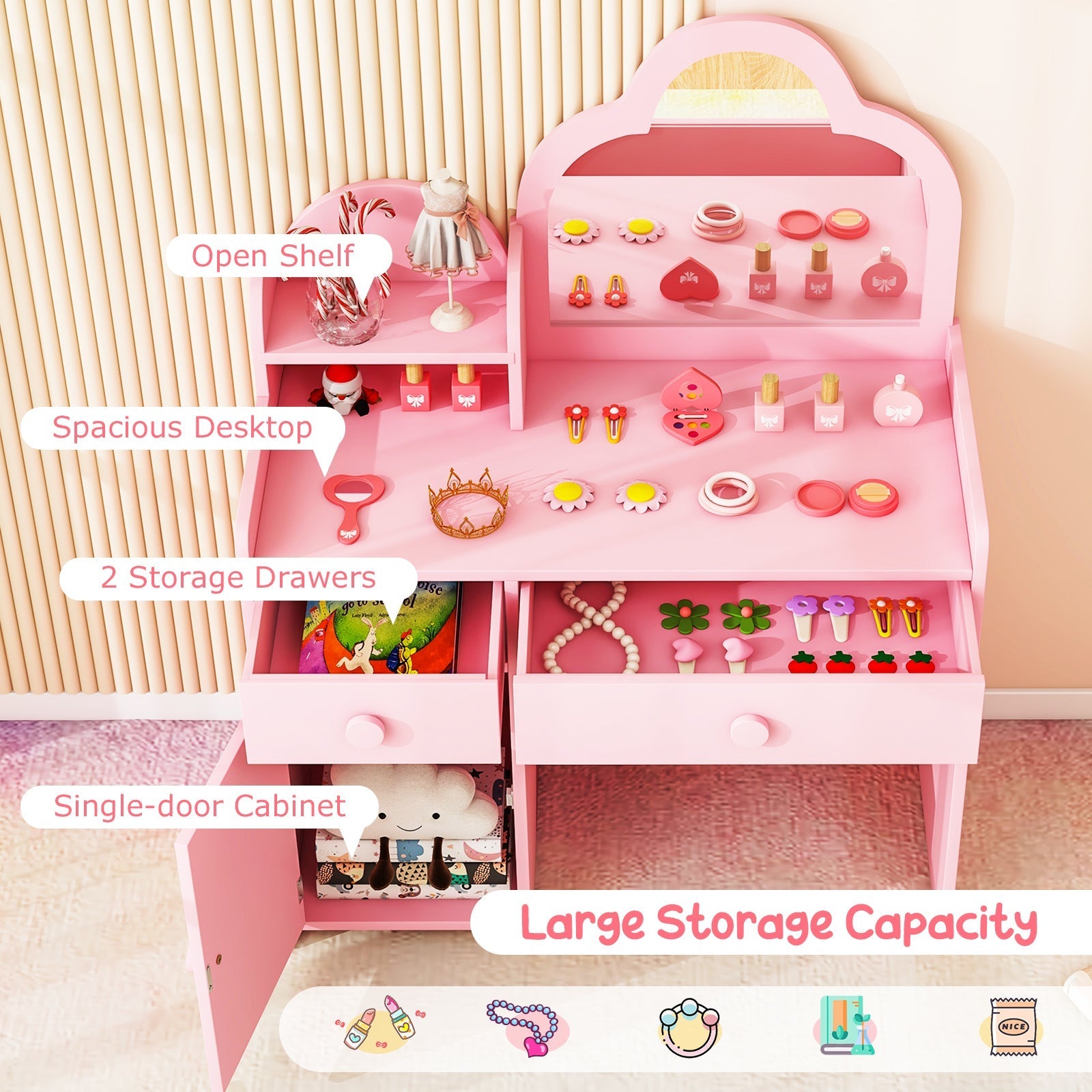 Kids Vanity Table and Chair Set with Cloud-shaped Mirror and Open Shelf