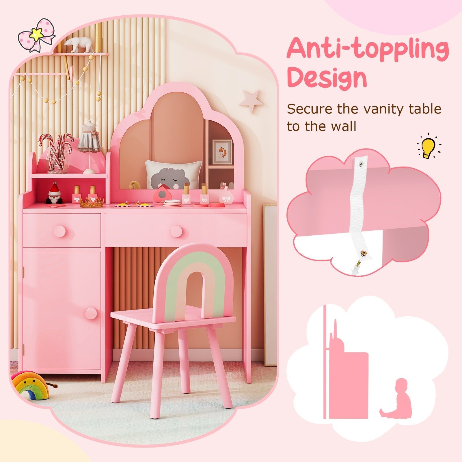 Kids Vanity Table and Chair Set with Cloud-shaped Mirror and Open Shelf