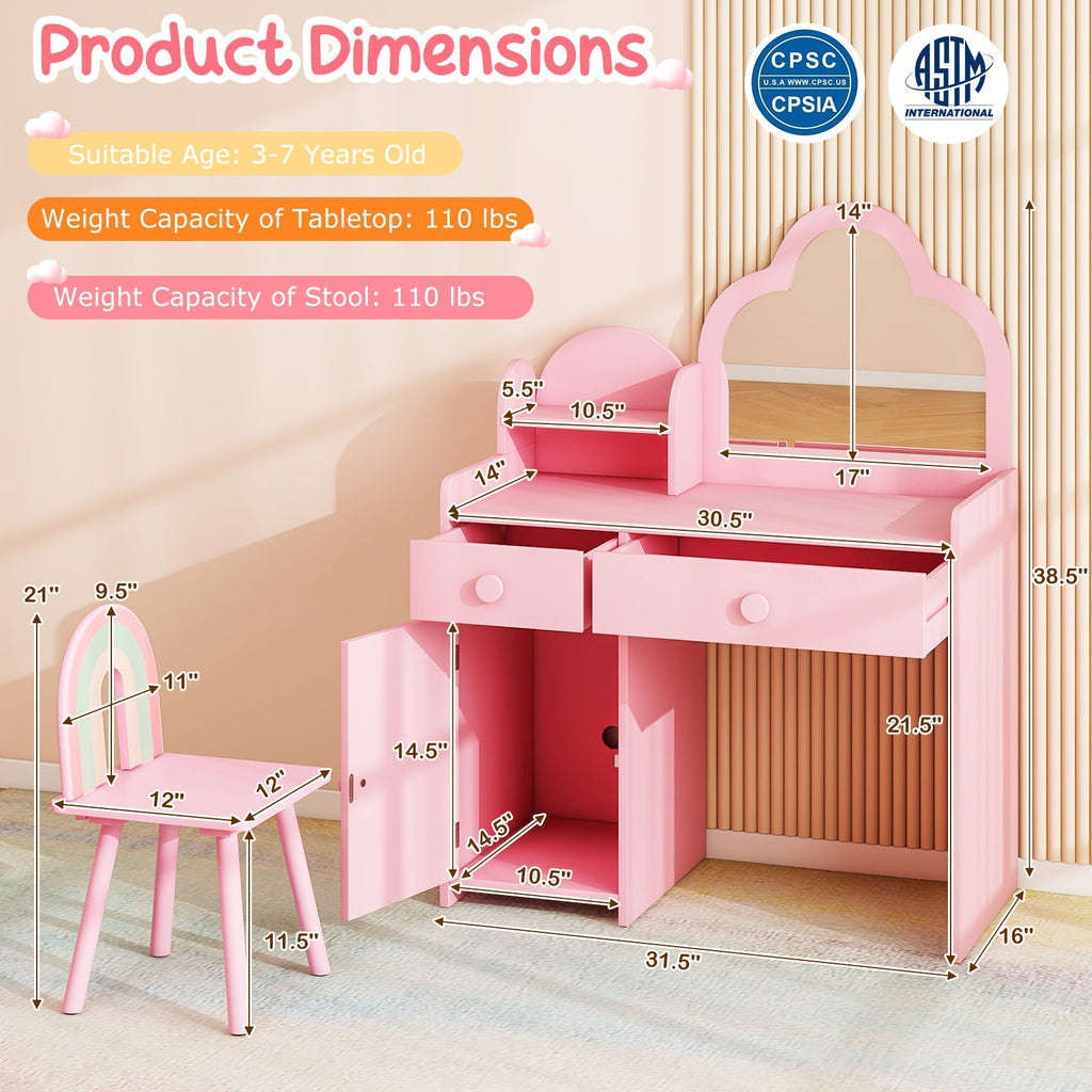 Kids Vanity Table and Chair Set with Cloud-shaped Mirror and Open Shelf