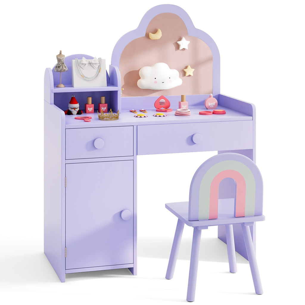 Kids Vanity Table and Chair Set with Cloud-shaped Mirror and Open Shelf
