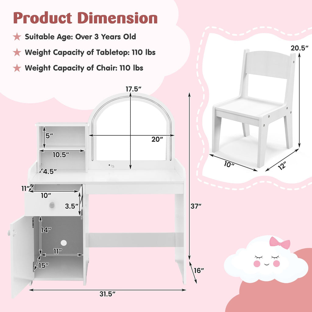 Kids Vanity Table and Chair Set with Shelves Drawer and Cabinet-White